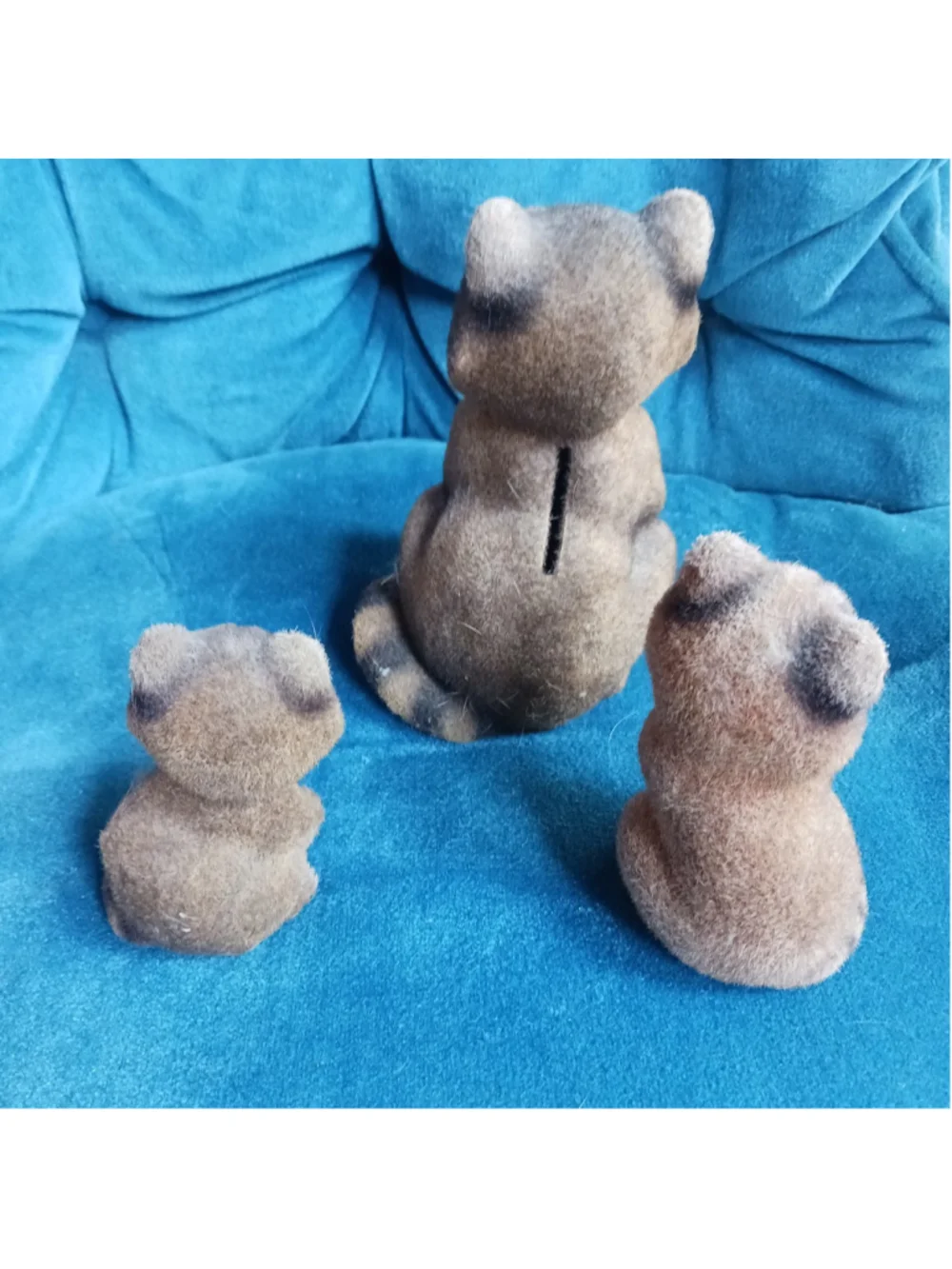 Vintage Flocked Raccoon Bank Figurine Trio Lot Of 3 Trashpanda Bandit Mama
